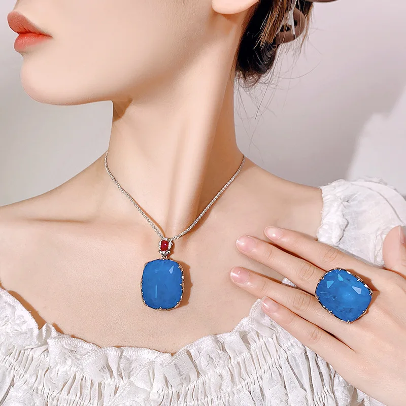 Large Cushion Cut Blue Stone Necklace Adjustable Ring Red Accent Statement Jewelry for Women Big Blue Gem Cocktail Party Gift view 2