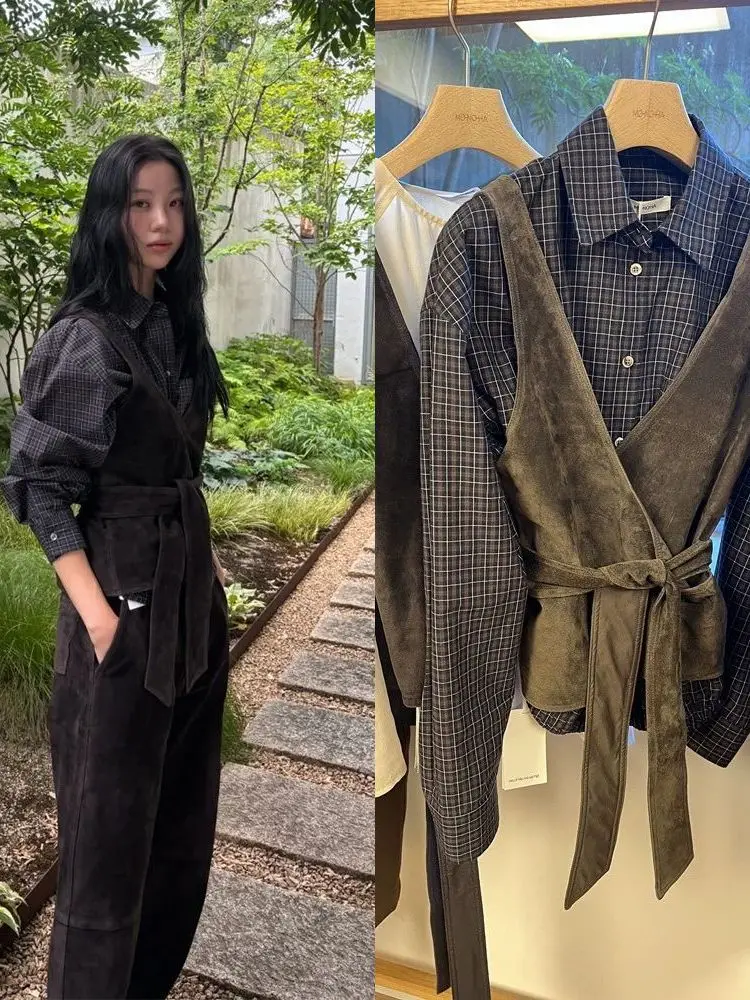 

Plaid irt And Vest Set Women's Slimming Two-Piece Cotton Long Sve Adjustable oulder American Sle Autumn 2025