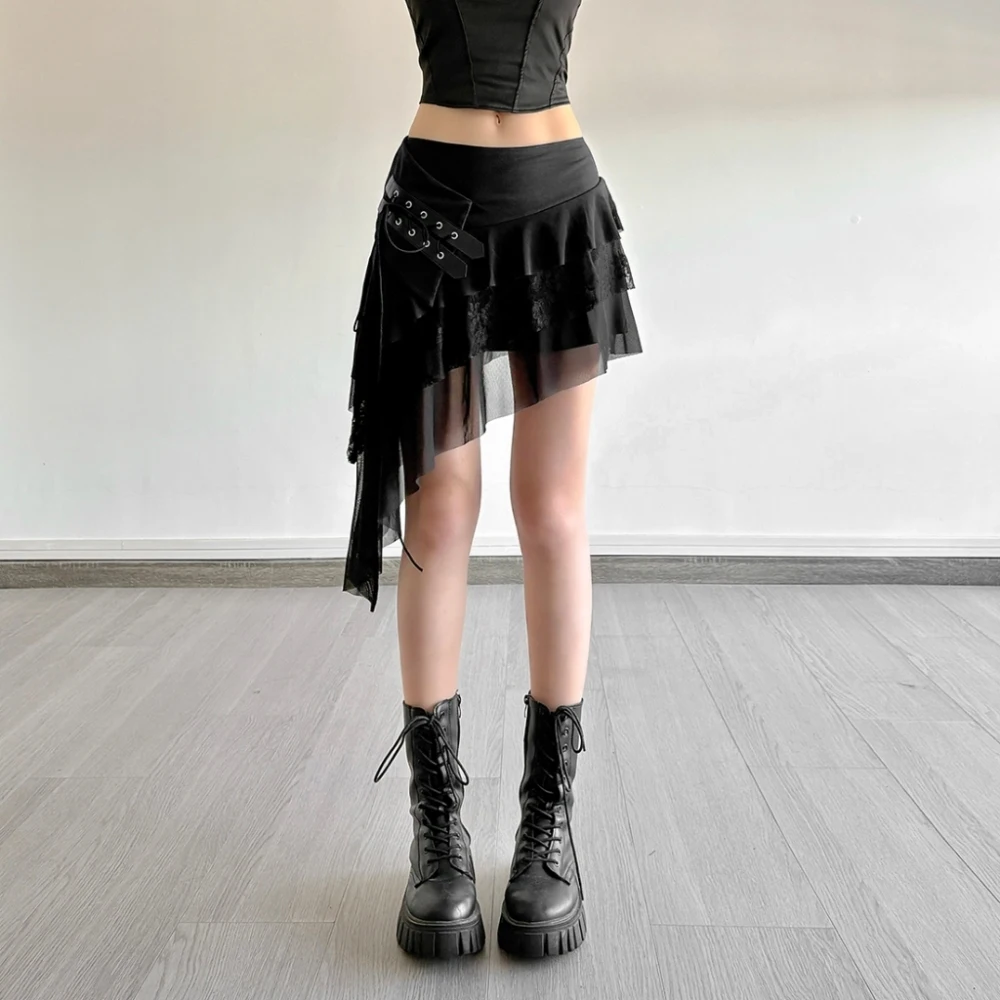SylCue ตาข่าย Patchwork กระโปรงมินิกระโปรงผู้หญิงเอวยางยืดผ้าพันคอตกแต่งฉัตร Street อเนกประสงค์สไตล์ Ruched Elegant Bottoms