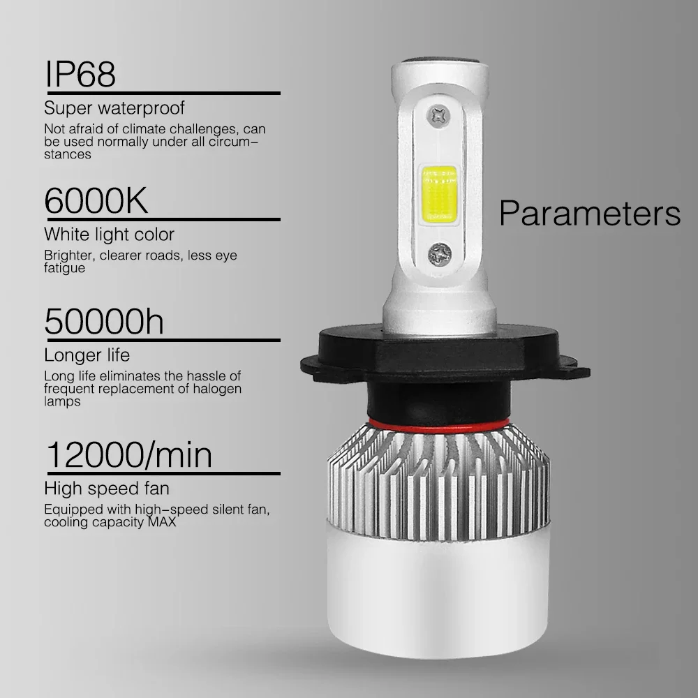 TCYATO  2pcs Car S2 Headlight Bulbs LED H1 H7 H4 9005 9006 Auto 72W 8000LM 6500K No Error Lamp Low High Beam 9-36V For Lights