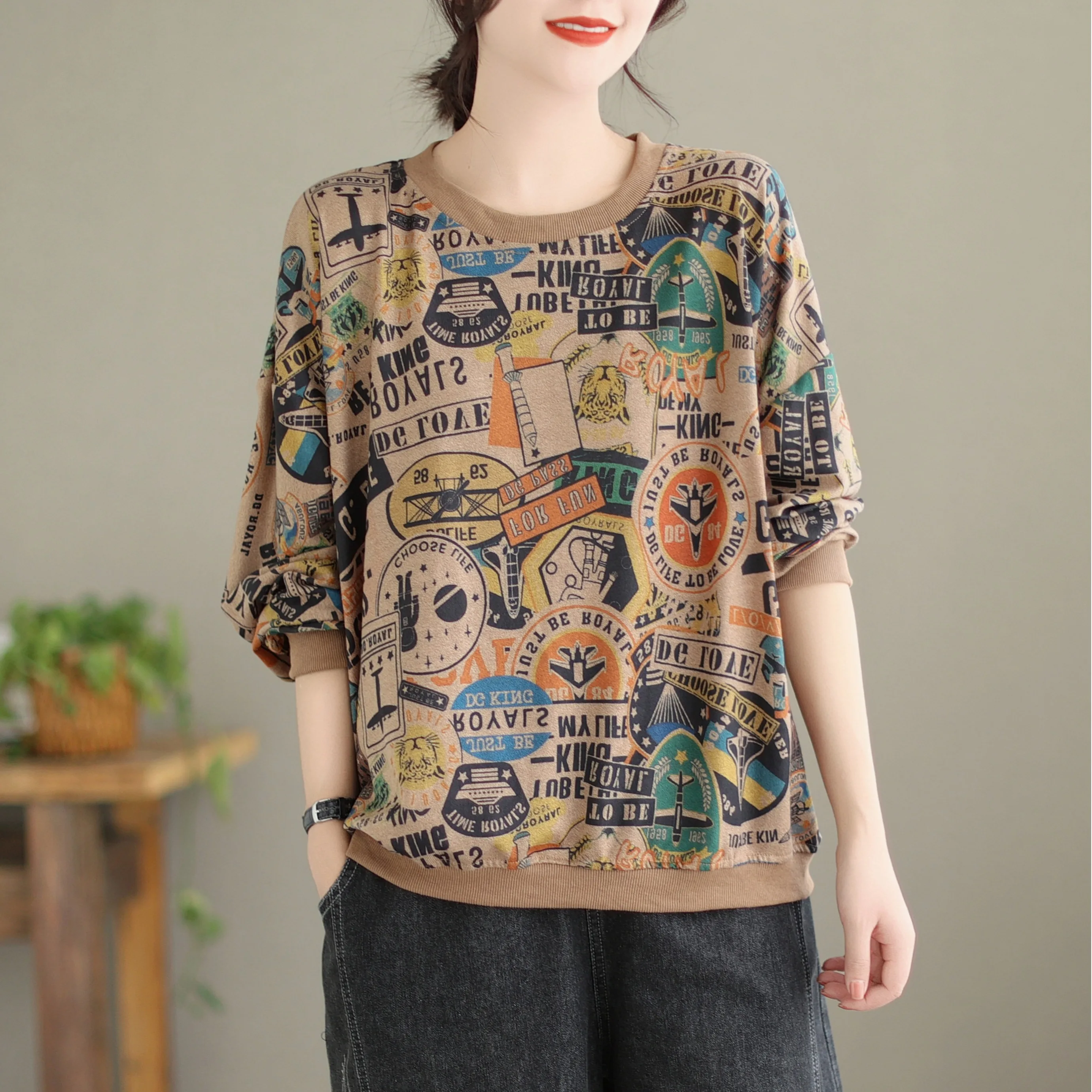 

Slimming Large Size Women's Long Sleeve Knitted T-Shirt Print Overhead Base Shirt Artistic Style Commute Fashion Spring New A...
