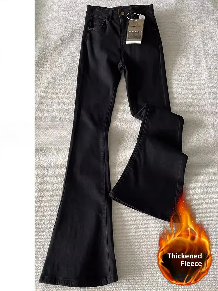 

Большие размеры, расклешенные джинсы с подкладкой Fce, женские длинные брюки с высокой талией, утягивающие эластичные брюки-клеш, зимняя джинсовая ткань