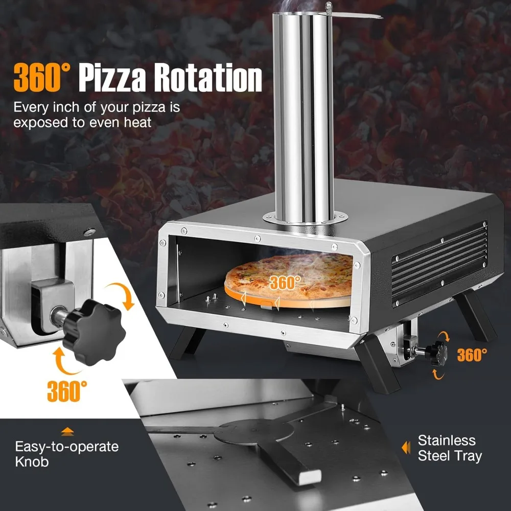 Pizza Oven Outdoor,360° Rotating Stone,Wood Fired Pizza Oven with Peel,Carrying Cover,Portable Pellet Pizza Maker