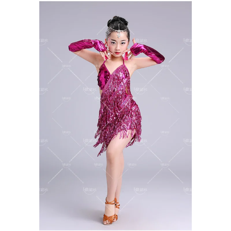 Disfraces de competición de lentejuelas con borlas para niños, vestido de baile latino para niñas, vestidos de baile de fiesta de práctica de gimnasia, Ropa de baile de escenario