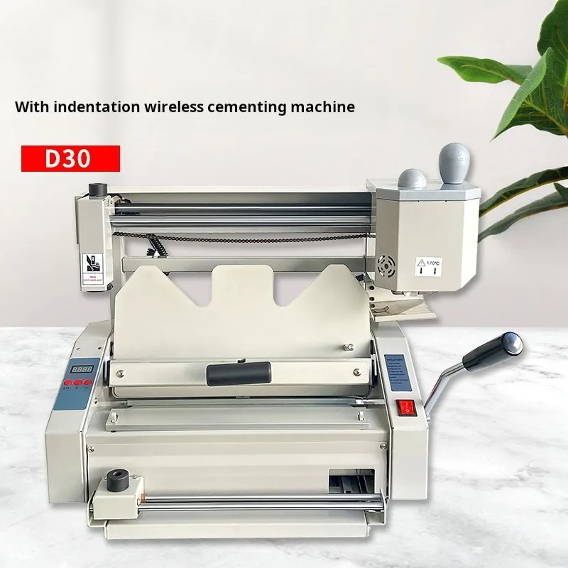 Compact wireless manual hot melt binding machine with crease and paper cutting capabilities, ideal for brochures and documents