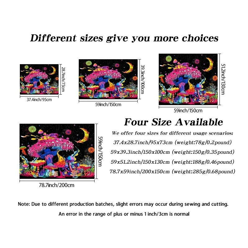 VIKAMA UV Reactive Mushroom Tapestry Blacklight Trippy Galaxy Moon Jellyfish Print Wall Hanging Art Decor for Bedroom Home
