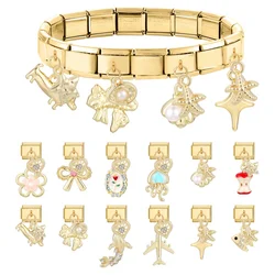 Golden Charm Bow Heart Shell Flowers Italian Charm Links Fit 9mm Bracelet Stainless Steel DIY Jewelry Making Birthday Gift