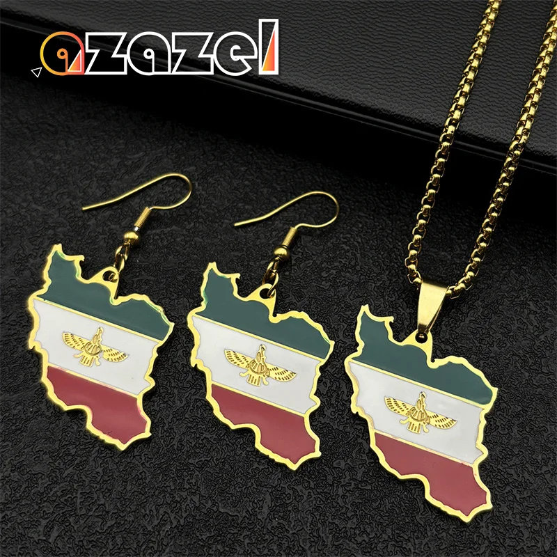 

Iran Map National Flag Pendant Iranian Ahura Mazda Necklace Earring Set for Women Men Stainless Steel Gold Color Enamel Jewelry