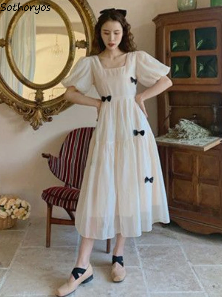 

Dresses Women Tender Vintage Design Elegant Sweet Daily Square Collar Fashion Puff Sleeve Princess Summer French Style Ladies