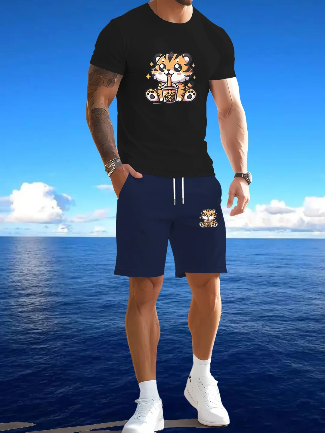 طقم صيفي جديد مطبوع للرجال كاجوال رياضي بأكمام قصيرة مكون من قطعتين #3