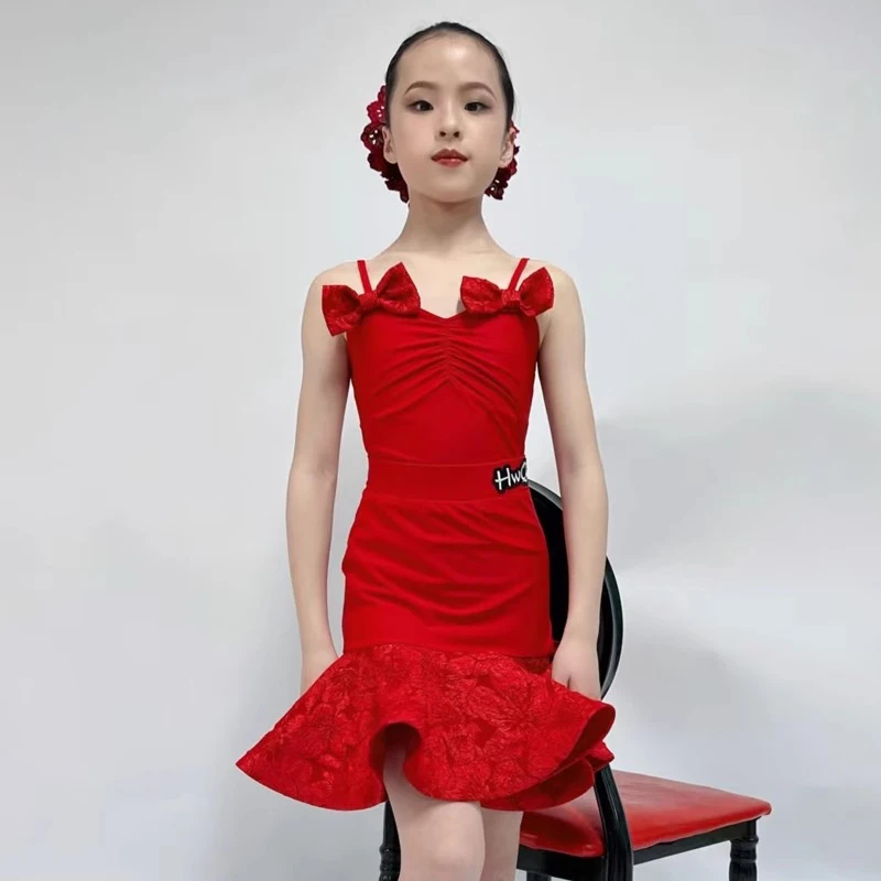 2025 라틴 댄스 의상 어린이 빨간 활 민소매 연습 세트 소녀 삼바 성능 착용 라틴 피쉬 본 스커트 세트 XH2587