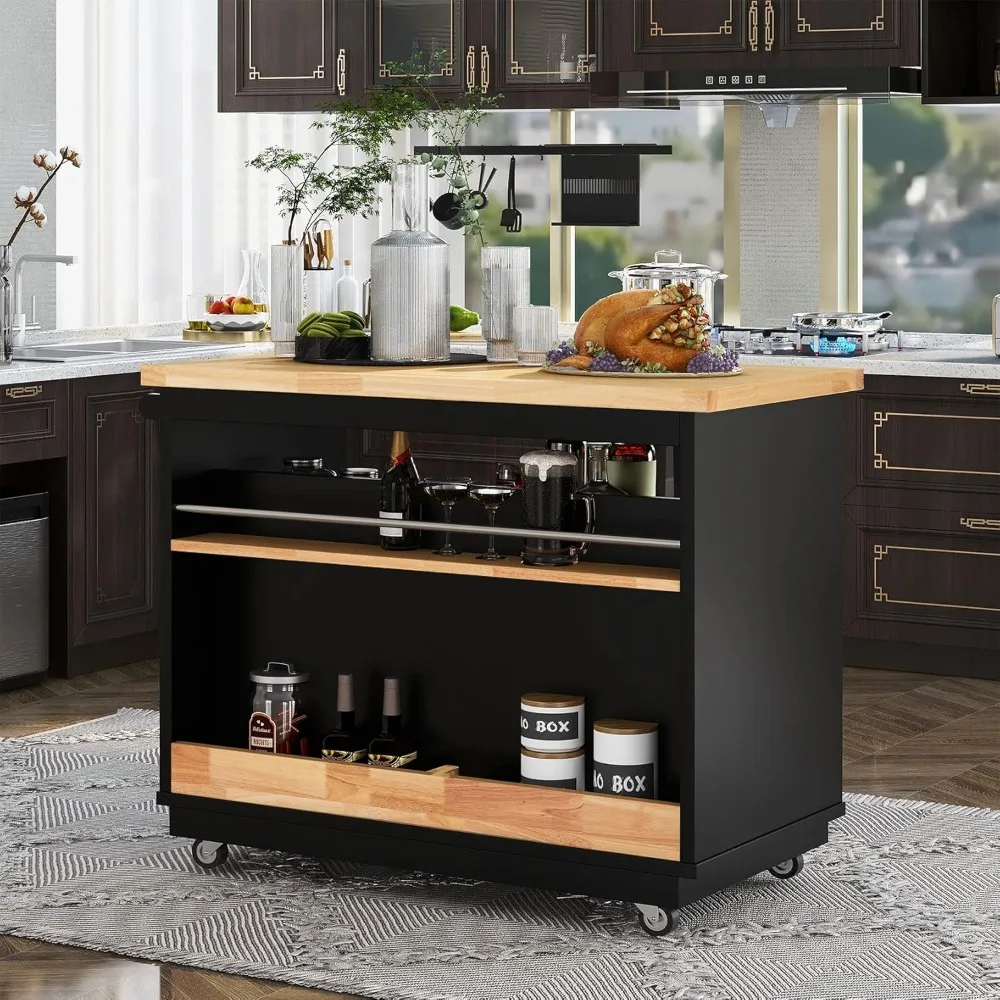 

Kitchen Island on Wheels with Solid Wood Top Rolling Kitchen Cart with Storage Drawers,Cabinets(Black)