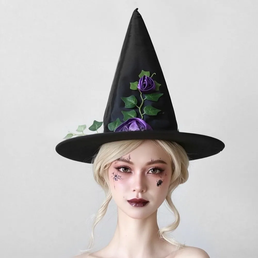 Lace Veil Halloween Witch Hat Foldable Rose Flower Wizard Cap Cosplay Accessories Party Props Feather Halloween Cap