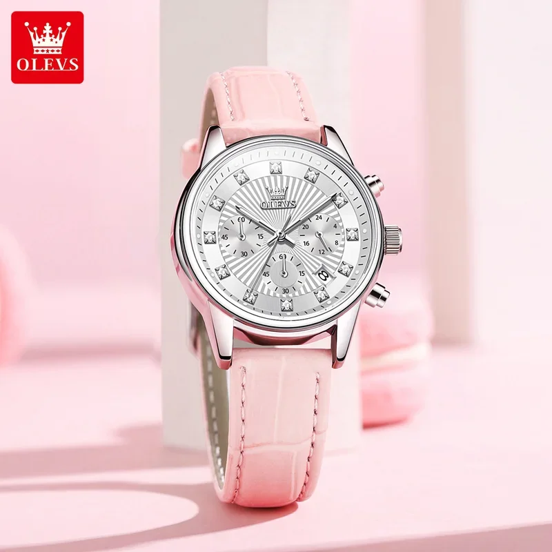 OLEVS Leather Strap Original Quartz Watch for Women Diamond Dial Classic Chronograph AutoDate Waterproof Women's Wristwatch 3669