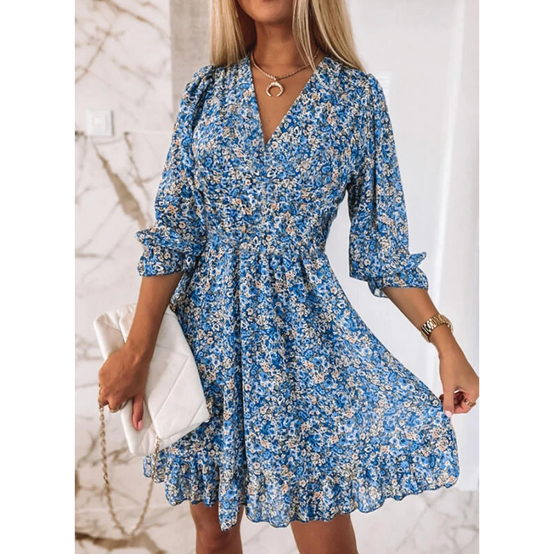 Elegant Floral Print Women Dress Summer Half Sleeve Short Dress Sundress Fashion Vestidos Robe Vacation Party Dresses 2022