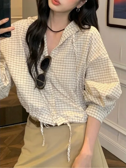 Korean Style Loose Casual Fashionable Simple Long Sleeve Hooded Short Plaid Shirt Women's Top Drawstring Sun Protection
