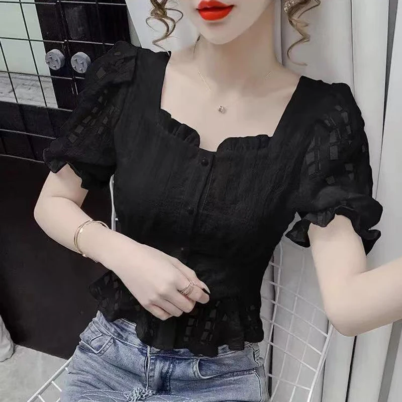 New Women\'s Korean Fashion Ruffle Elegant Sweet Shirt Summer Square Collar Solid Slim Chic Blouse Casual Short Sleeve Fairy Tops