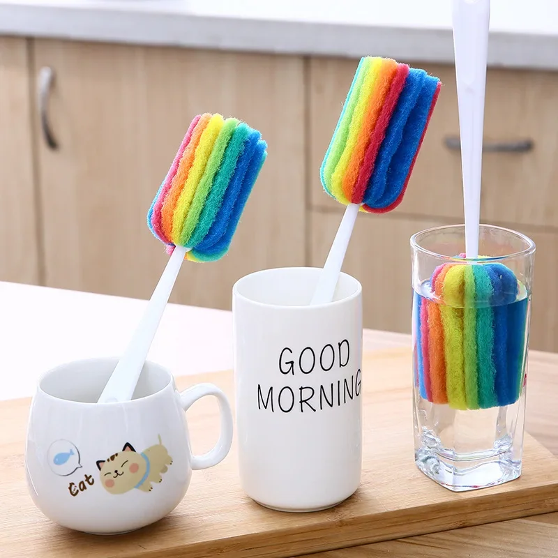 Rainbow Sponge Baby Bottle Pacifier Brush Wash Water Cup Container Sponge Cleaning Brush Scrubber with Handle Cleaning Utensils