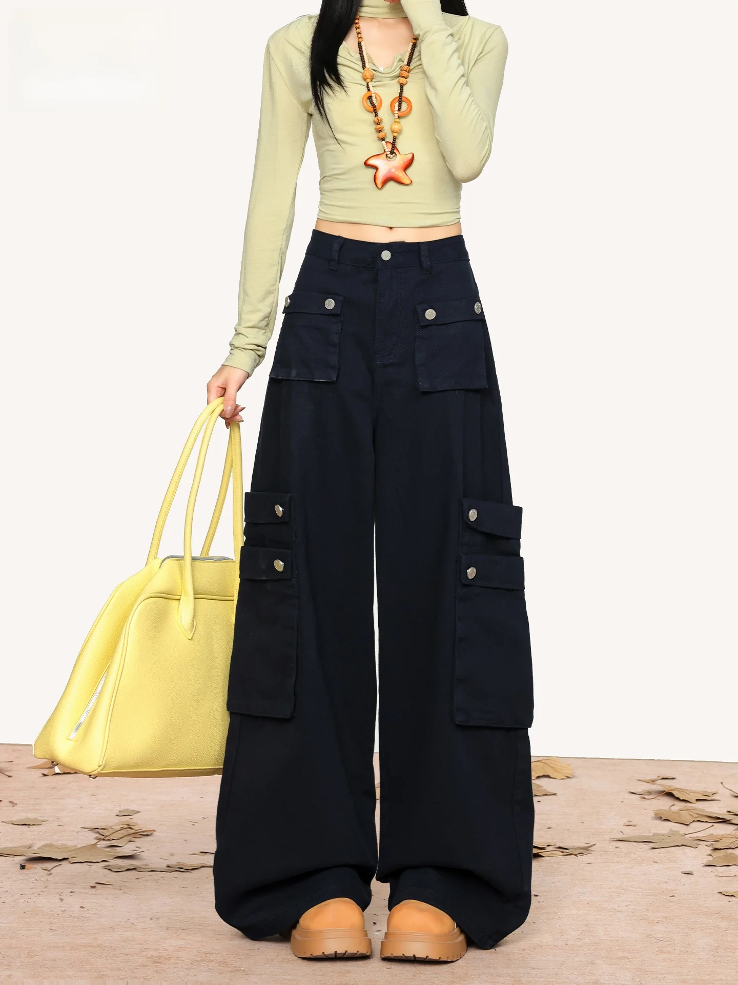 

High Waist Wide Leg Workwear Denim Pants Women's Summer Loose Slimming Design Multi-Pocket Casual Jeans High Waist American S...