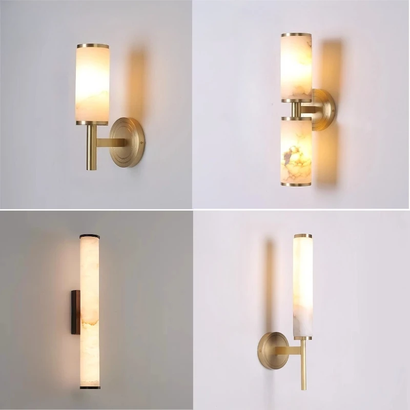 Post-modern Nordic Simple Marble Wall Lamp Living Room Background Wall Bedroom Bedside Column Study All Copper Decorative Lamps