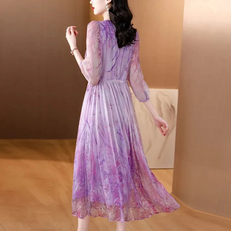 Summer Floral Silk V-Neck Long Party Dress Women Elegant Casual Beach Dress 2024 New Korean Fashion Chic Holiday Evening Dress