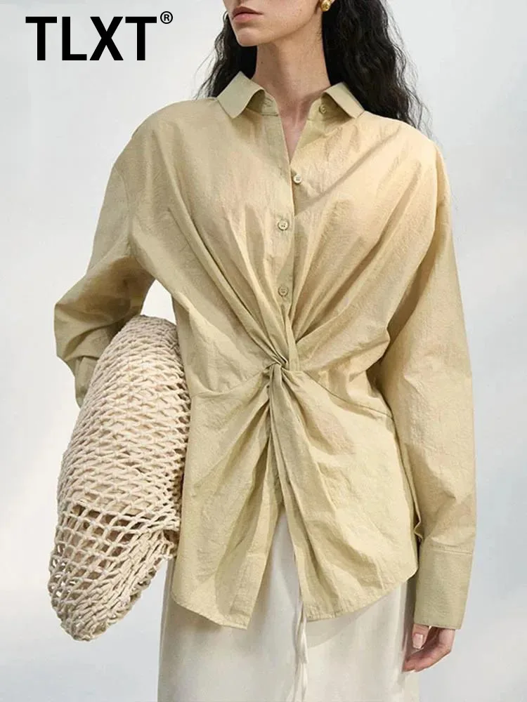 

TLXT французская витая рубашка нестандартной формы, женская однобортная однобортная рубашка с лацканами и длинными рукавами, однотонные плиссированные блузки, новинка лета 2025, XK1287