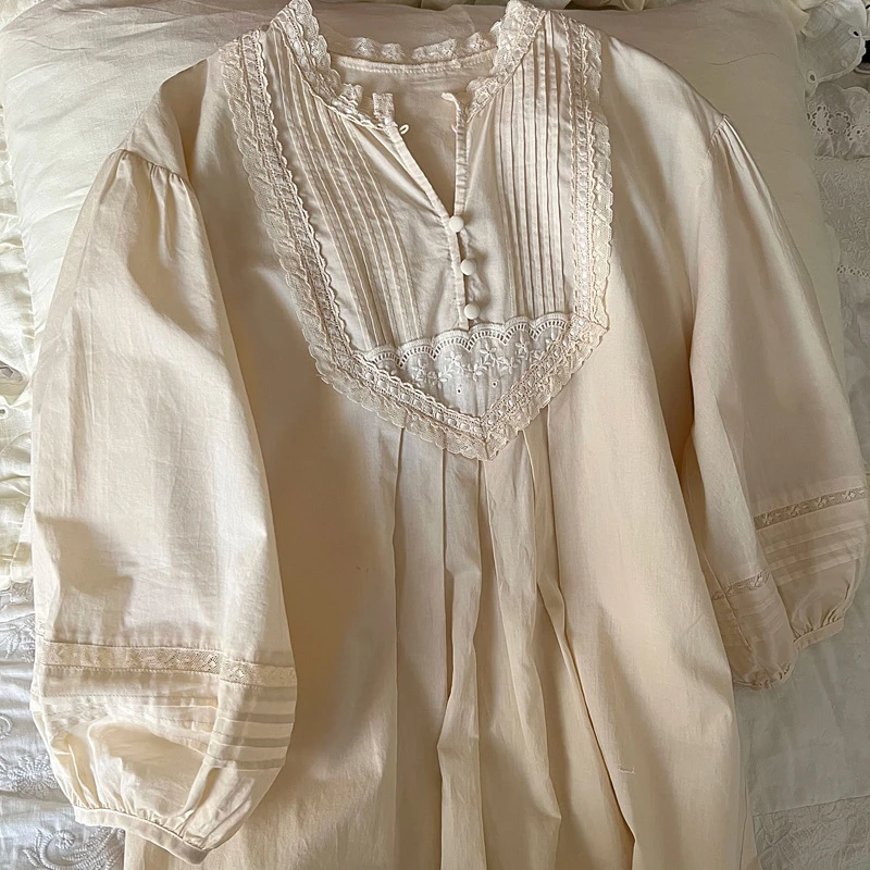 Vintage Pure Cotton Long Night Dress Women Spring Autumn Nightie Loose Robe Victorian Nightgowns Princess Sleepwear Nightdress