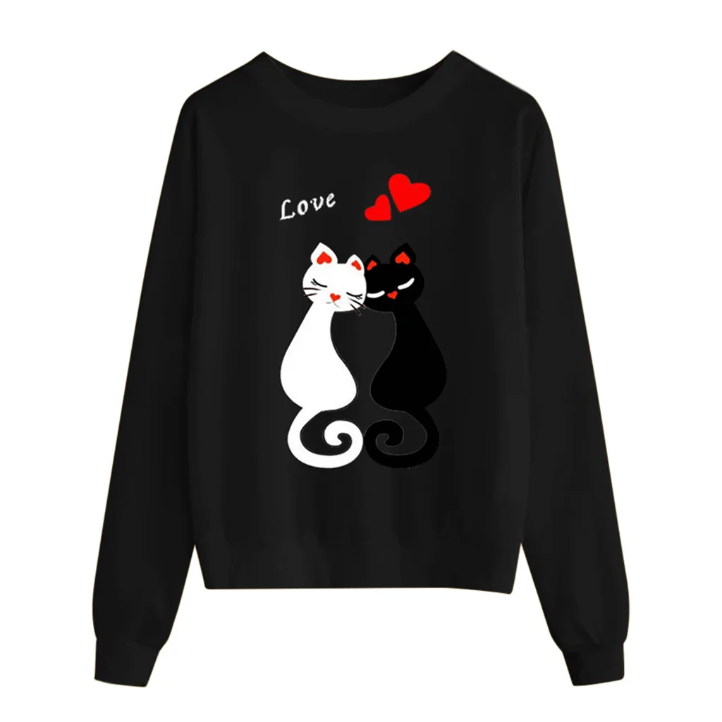 เสื้อฮู้ดลำลองแขนยาวคอกลมลายแมวสไตล์ยุโรปและอเมริกาสำหรับผู้หญิง สตรีทแวร์ เสื้อสเวตเชิ้ตผู้หญิง สไตล์สวยงาม