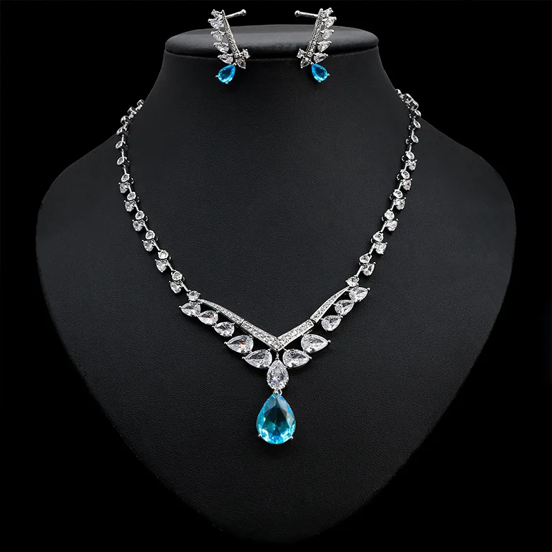 New high-end 3A zircon water droplet necklace, bridal earrings, wedding jewelry two-piece set