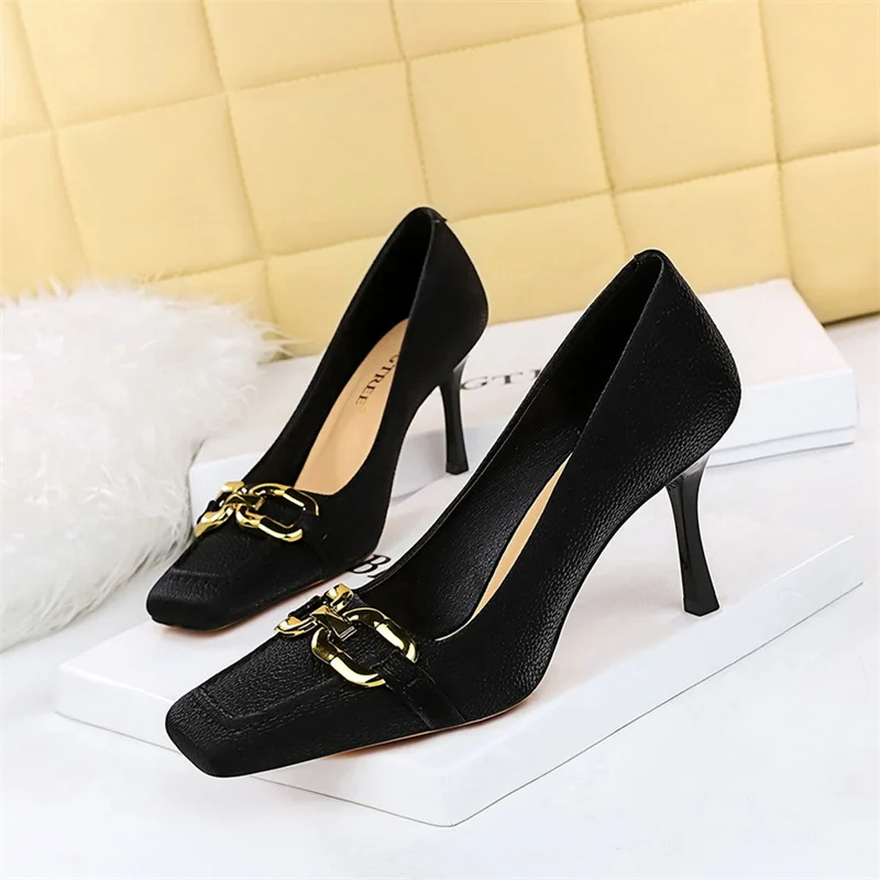 Women Fashion Basic Square Toe Pump Metal Decoration Shallow Mouth PU Leather Thin High Heels Retro Elegant Single Shoes