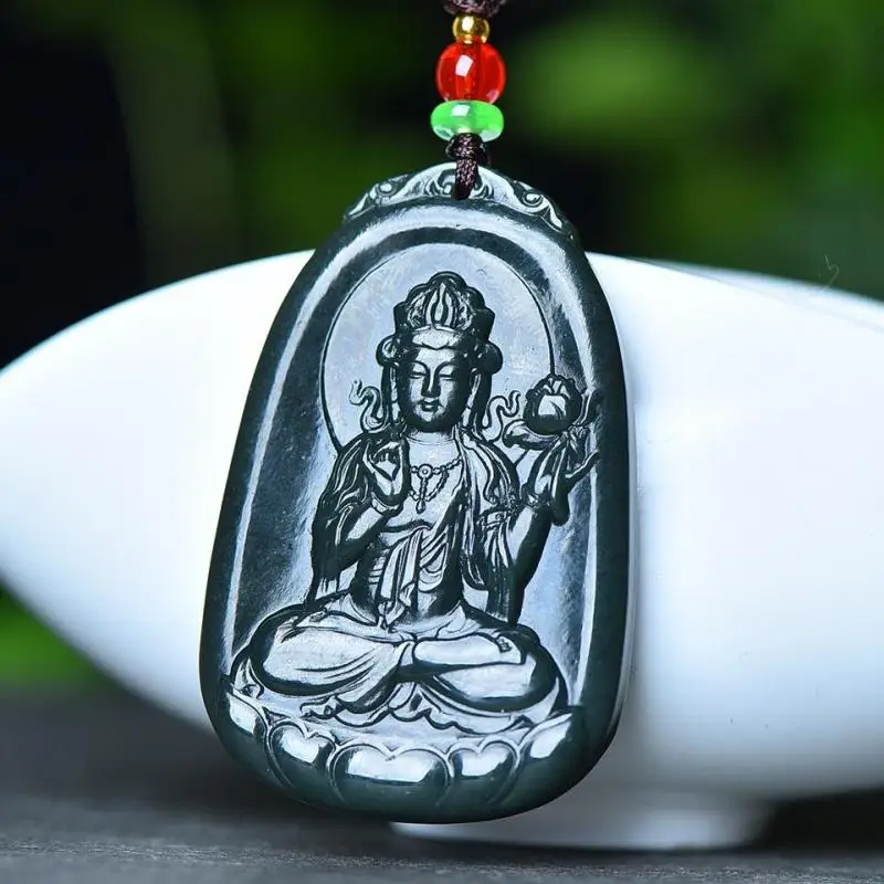 

Natural Green Jade Guanyin Necklace Men Women Fine Jewelry Chinese Nephrite Hetian Jade Guanyin Statue Lotus Pendant Necklaces
