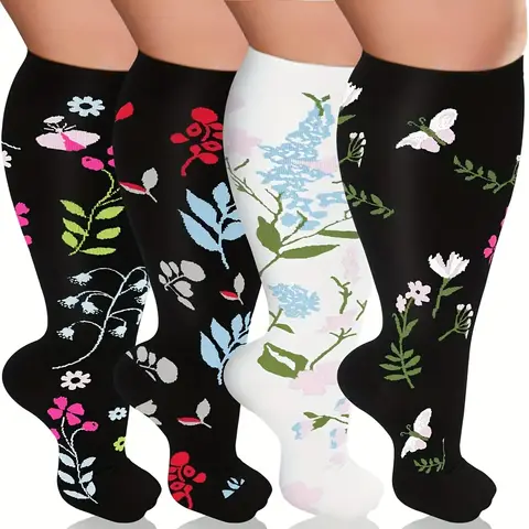 4 pairs double-flower patterned compression socks for men and women for running,cycling,yoga,and fitness wide-leg sports socks.