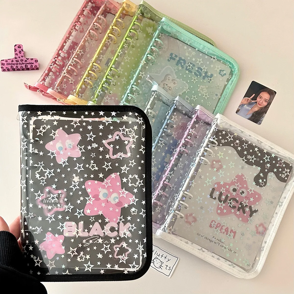 A5 Kawaii Glittery Star A5 Kpop Binder 3 inch Photocard Collection Book Photo Album Card Holder School Office Stationery