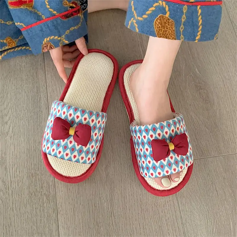 

Bow Fashion Slippers Summer Soft Bottom Cotton Linen Women's Cool Slippers Anti Slip Comfortable Linen Slippers