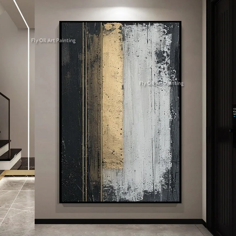 Hand Painted Vertical Abstract Oil Painting, Black White Gold Brush Stroke Textured Canvas Art Modern Luxury Entrance Wall Decor