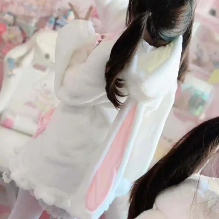 Original Japanese Girls Sweet Lolita Y2k Faux Fur Jacket Autumn and Winter Women Cute Kawaii Rabbit Ears Soft Warm Fur Coat