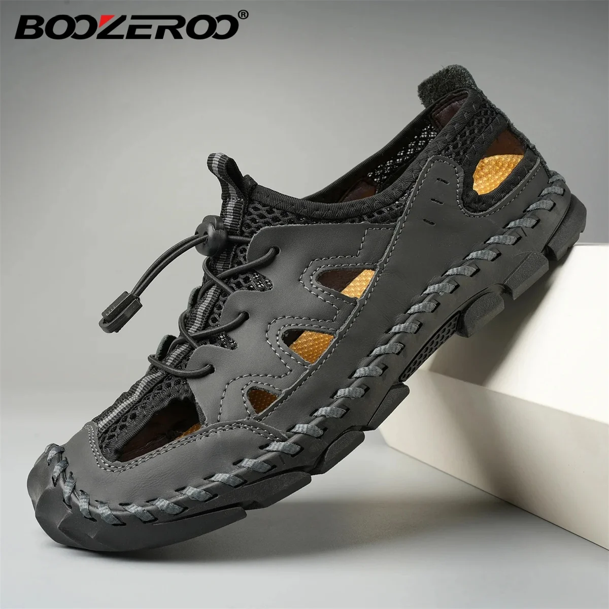 BOOZEROO Classic Men's Sandals Summer Leather Casual Shoes for Male Comfortable Slippers