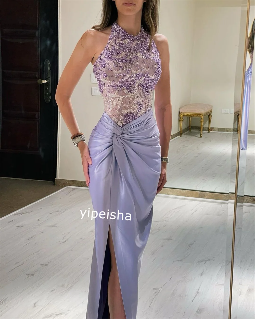 Customized  Evening Satin Pleat Beading Cocktail Party A-line O-Neck Bespoke Occasion Gown Long Dresses  Arabia