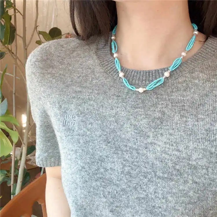 

Ожерелье-чокер с синим бисером и натуральным пресноводным жемчугом для женщин