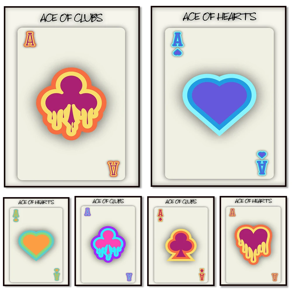 

Playing cards poster, ace of hearts, club ace, colorful playing cards, trend print, neutral art, playroom decoration poster