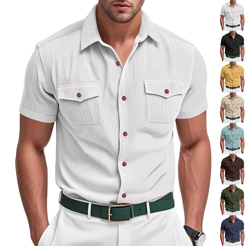 

Summer Corduroy Safari Style Shirt Men Solid Multiple Pockets Short Sleeve Smart Casual Shirt Man Turn-Down Collar Daily Blouse
