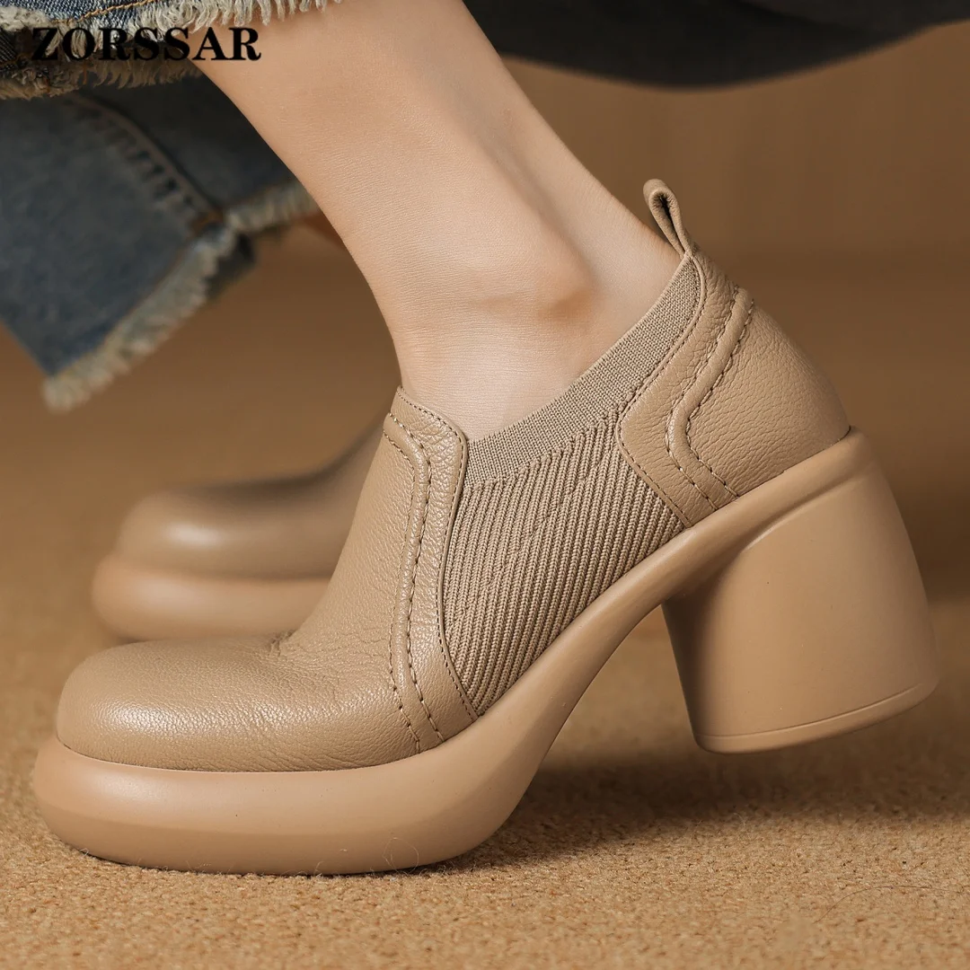 Women's Sheepskin Stretch Knit Patchwork Slip-on Pumps 7cm Chunky Heel Platform Female Moccasins Heeled Loafers Shoes for Woman