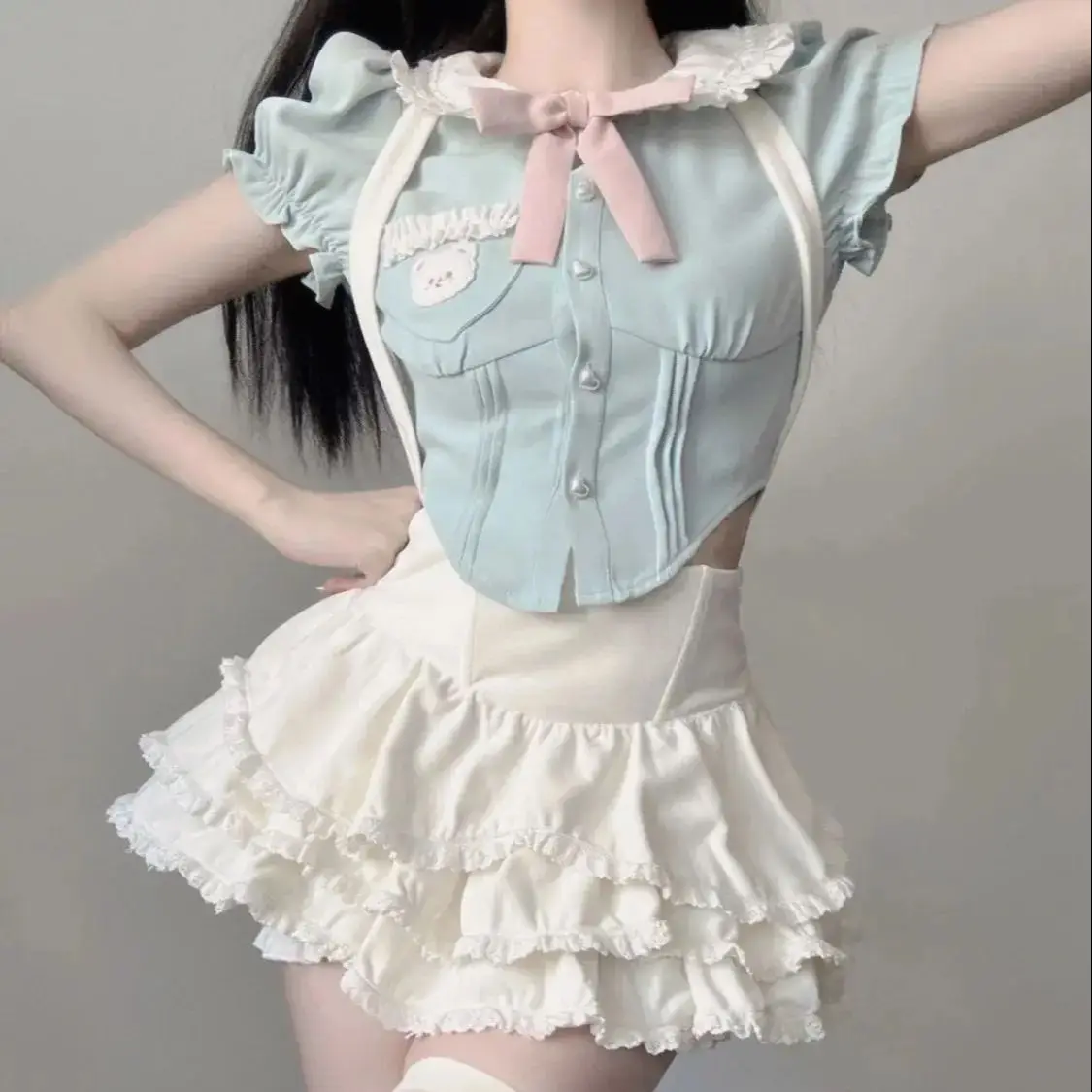 Suit Bow Sweet Two Piece Set Women Kawaii Party Mini Skirt Set Female Korean Fashion Designer Top+Princess Skirt Summer 2023 New