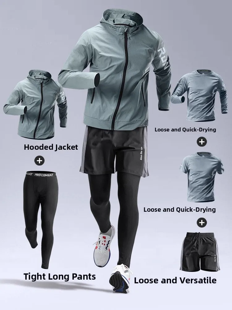 

Профессиональная одежда для фитнеса для утреннего бега, комплект для бега Qui Dry, мужской спортивный тренировочный костюм для марафона, специальное снаряжение, спортивный костюм