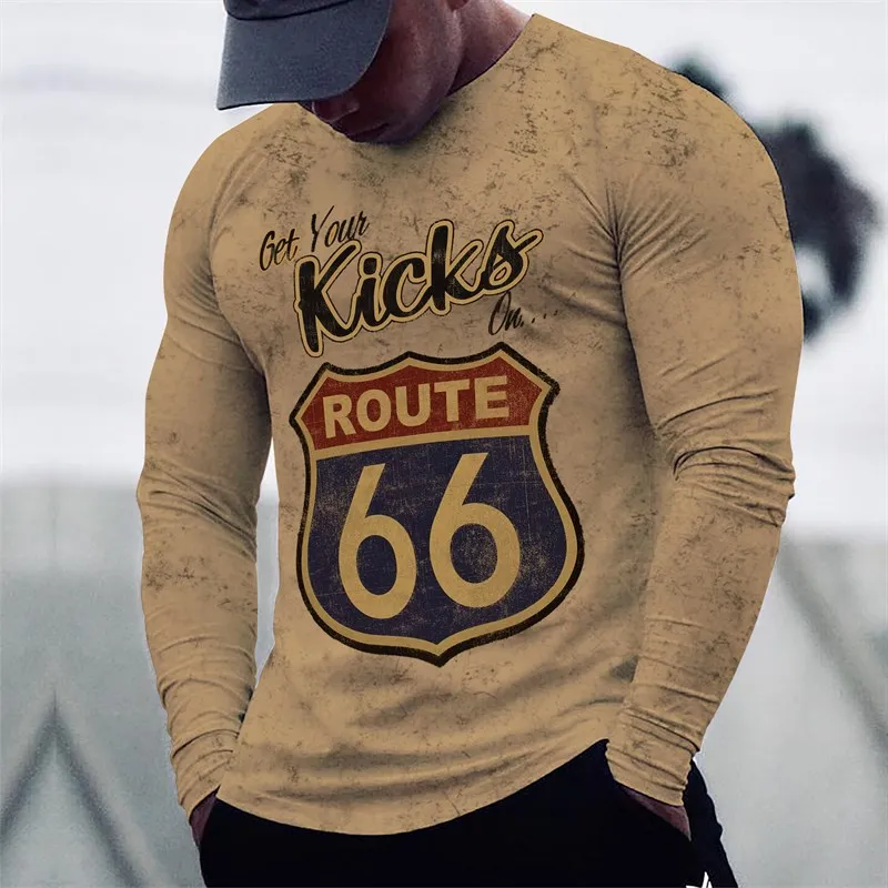 Vintage Route 66 3D Print Autumn Men\'s O-Neck Casual Long Sleeve T-shirt Oversized T Shirts Fashion Pullover Trend Men Clothing