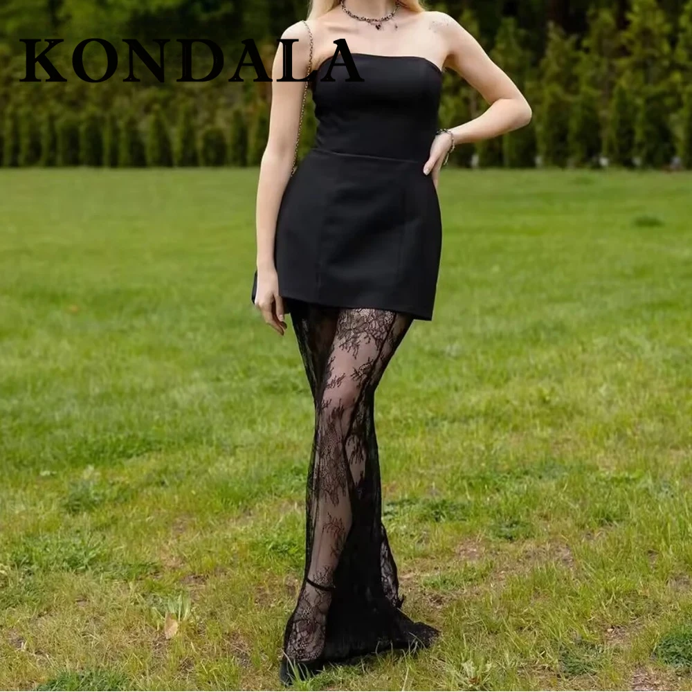 

KONDALA Chic Sexy Lace Night Party Elegant Woman Suit Strapless Sheath Top+Patchwork Tassel Spaghetti Long Skirt Club Mujer Set