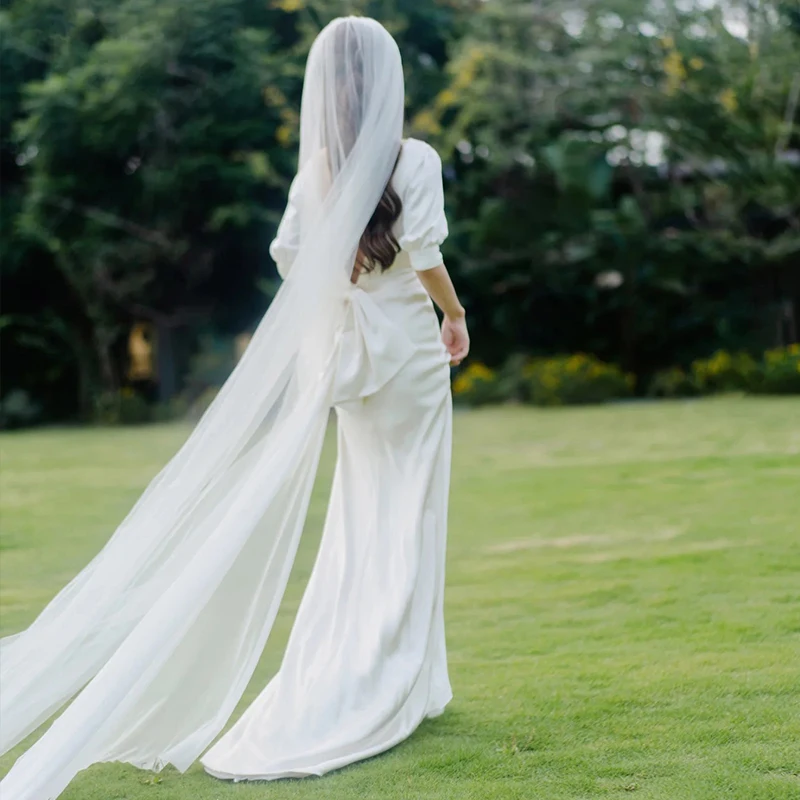 Vestido de novia con mangas abullonadas, prenda elegante y sencilla de satén suave, fruncido, con escote en V, Estilo Vintage