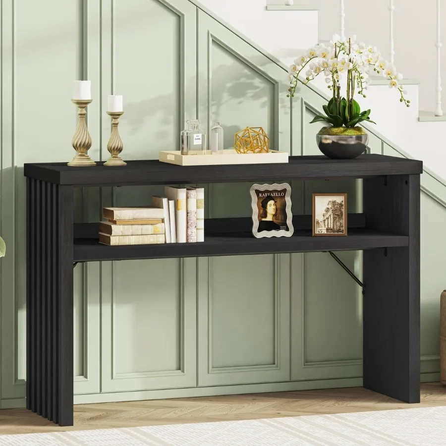 Console Table with Storage Black Entryway Table Wooden Couch Tables Behind Sofa for Living Room 2 Tier Front Door Entrance Tabl