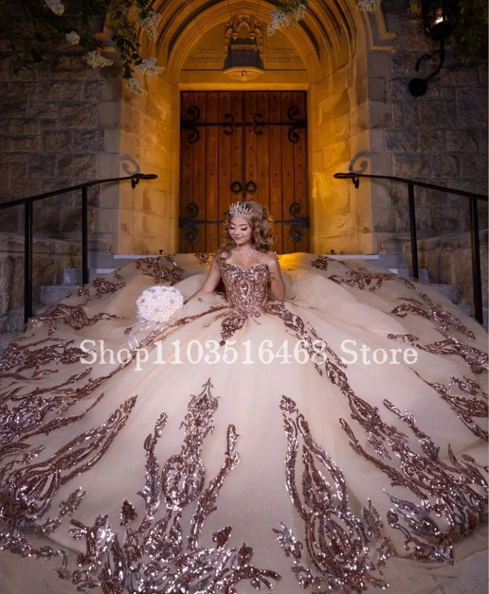 Champagne Luxury Princess 15 Quinceanera Dresses Cathedral Train Crystal Applique Glitter Mexico 16 year old vestidos de 15 años