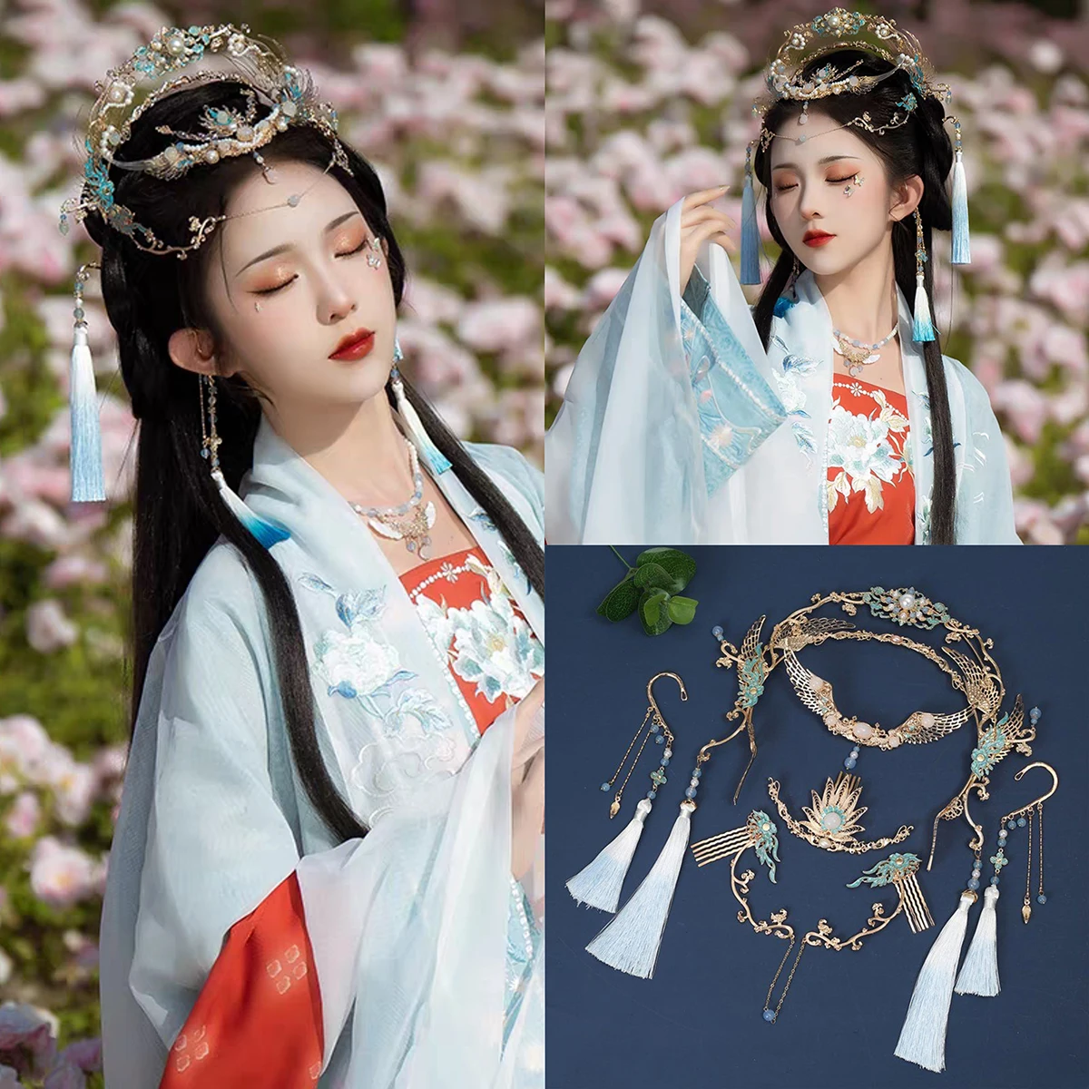 Ancient Chinese Style Fairy Mother Hairpin Forehead Pendant And Ear Cover Set Lolita Accessory for Cosplay And Costume